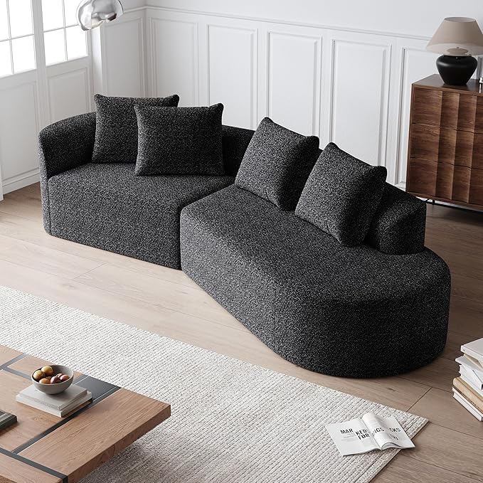 112 Modern Cloud Sectional Sofa Chenille 4-Seater Curved Couch with 4 Pillows Extra Deep &amp Wide Seat No-Assembly Compressed Upholstered Living Room Sofa for BedroomApartmentBlack Left