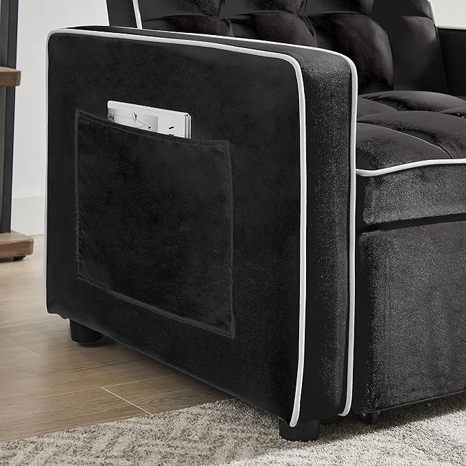3-in-1 Futon Couch Sofa Bed Chair Convertible Sleeper Sofa with Pull-Out Bed Folding Sofa Bed with Reclining Backrest and Side Pocket Sofa Recliner Single Bed Adult Modern Chair Bed Berth (Black)