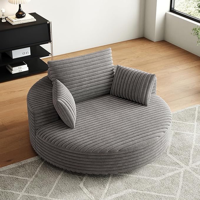 KEIKI 55 Oversized 360 Degree Swivel Chair Large Barrel Chairs Upholstered Round Swivel Chair Corduroy Single Sofa Armchair Sleeper Chair for Living Room Lounge Gray