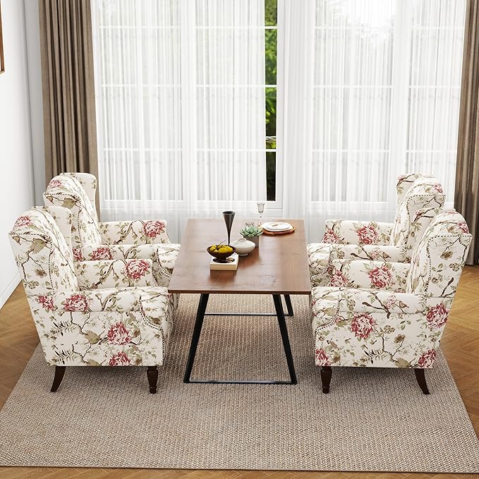 Floral High Back Accent Chair Upholstered Armchair with Solid Wood Legs Comfy Wingback Reading Single Sofa Chair for Small Spaces Living Room Bedroom(Floral Beige Set of 2)