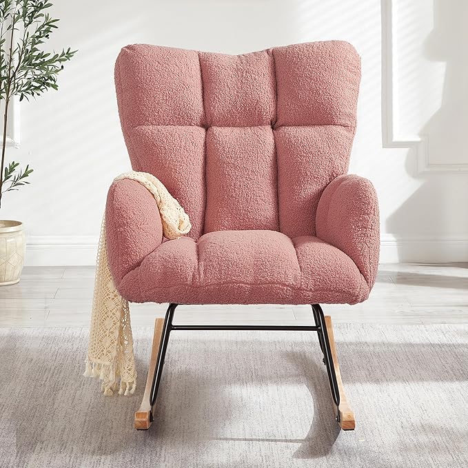 Setawix Upholstered Rocking Chair with Arms for NurseryTufted Rocker Glider ChairsTeddy Fabric Rocking ArmchairMid Century Modern Accent Chairs for Living RoomBedroom (Teddy Pink 27.2)