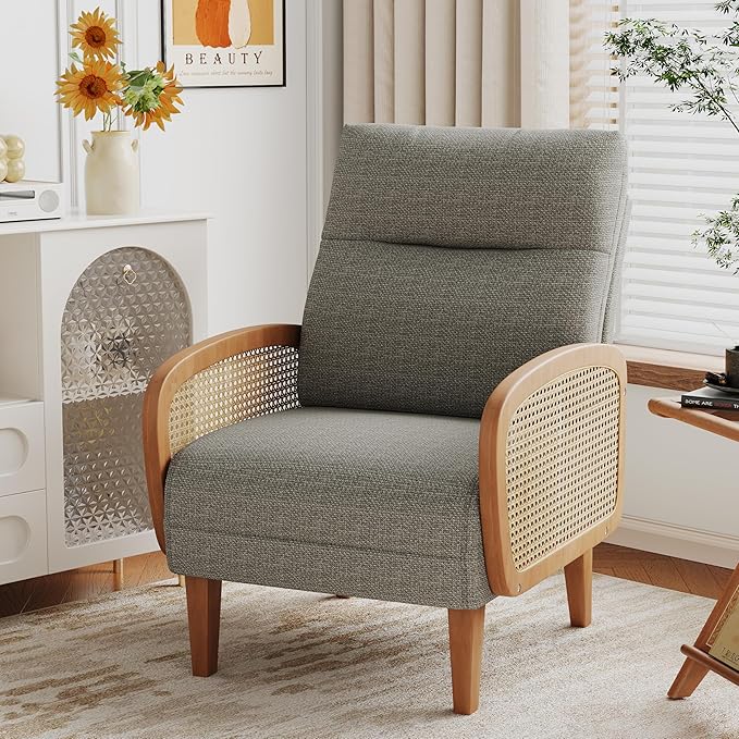 Andeworld Accent ChairUpholstered Modern Living Room Chairs with Natural Rattan Arm Linen Fabric Arm Chair with Wooden Legs for Bedroom Club Balcony Reception Taupe