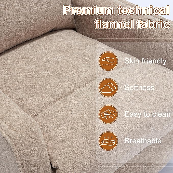 Manual 360° Swivel Rocker Recliner Chair for Adults Overstuffed Glider Chair for Nursery with Vibration Massage and Heat Comfy Soft Fabric Glider with Side Pockets for Living Room Khaki