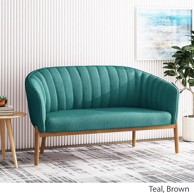 Great Deal Furniture Noble House Galena Mid-Century Fabric Loveseat in Teal