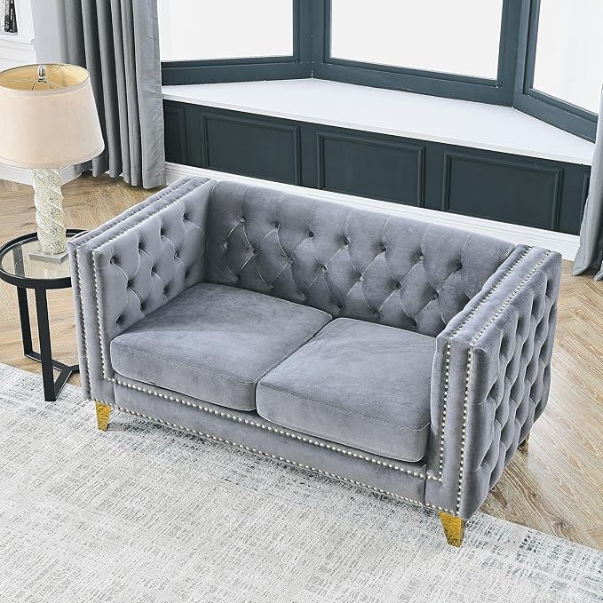 KEIKI Tufted Velvet 2 Seat Sofa Couch for Living Room Buttons Tufted Square Arm Couch for Home Apartment Gray