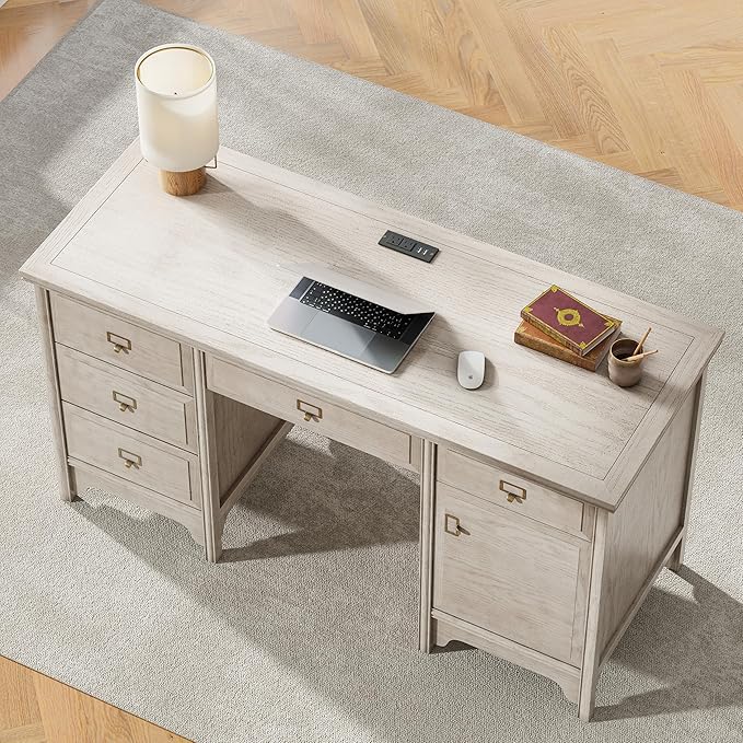 55 Farmhouse Executive Desk Solid Wood Painted Home Office Desk with Charging Station 5 Drawers Storage Cabinet Computer Writing Table for Work Study Writing Grey