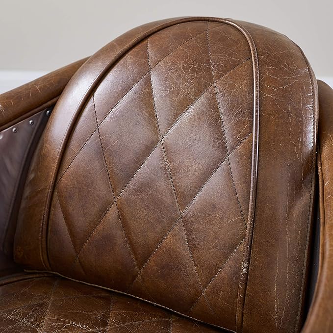 Zouron Genuine Leather Living Room Chair Mid Century Modern Single Sofa Chair in Aluminum Vintage Barrel Accent Chair for Living Room Bedroom Home Office Cognac