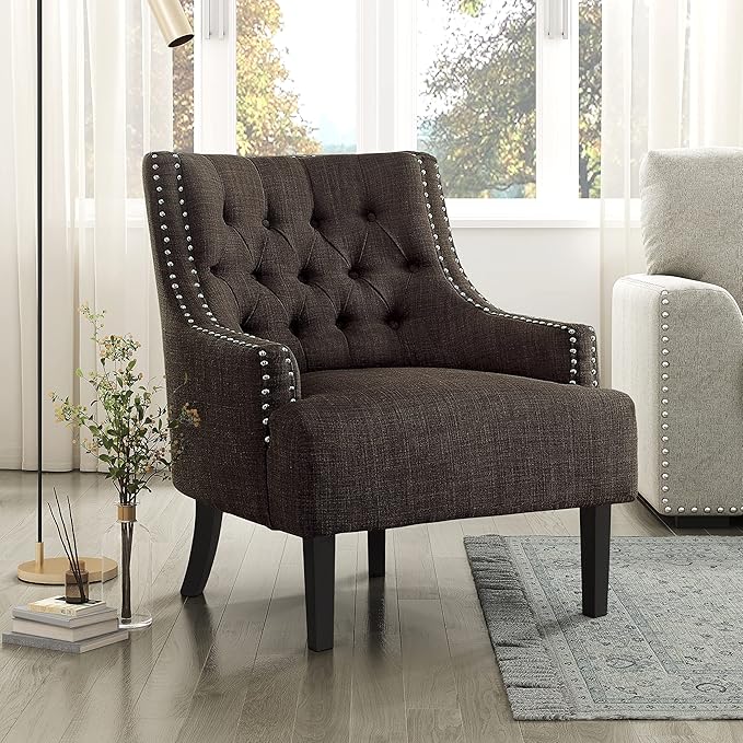 Lexicon Accent Chair Reading Chair Comfy Chair for Bedroom Upholstered Armchair with Solid Wood Frame Tufted Cushion Nail Head Trim Single Sofa Chair for Living Room Office Chocolate Chenille