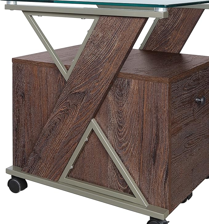 OSP Home Furnishings Zenos Mobile Rolling File Cabinet with Tempered Glass Top Traditional Cherry