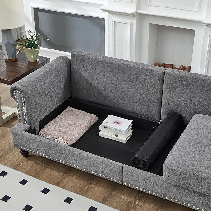 2 Pieses Living Room Sofa Sets Linen Fabric Couch and Loveseat with Nailhead Decor Soild Wood Legs Rolled Armrests &amp Storage 2PCS Sofas 3 Seaters Couch and Love Seat for Living Room Furniture S