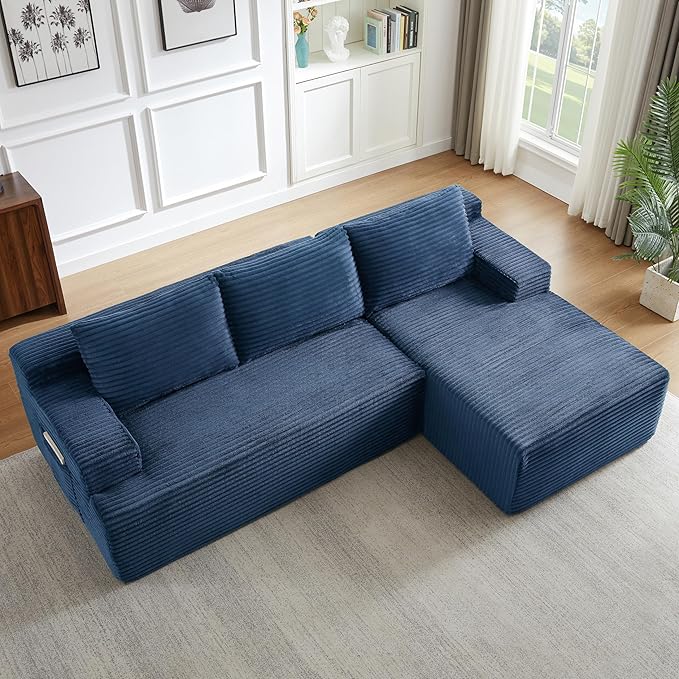 Modern Corduroy Modular Sectional Sofa96.1 Minimalist Style L-Shaped 3 Seat Couch with Side Storage PocketsComfortable Chaise Lounge for Living RoomReception AreaBlue Right Chaise Lounge