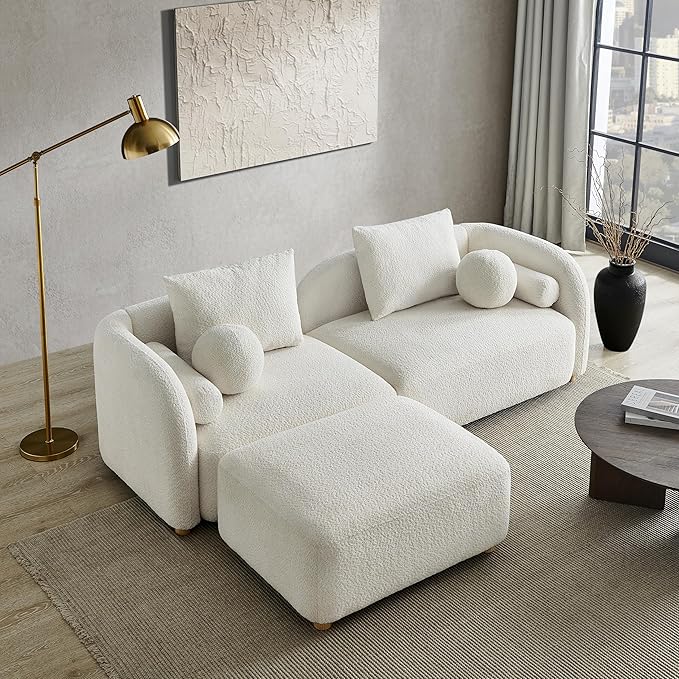 Modern Sherpa Boucle Ottoman Comfy Modular Cloud Couch Ottoman Apartment Cream White