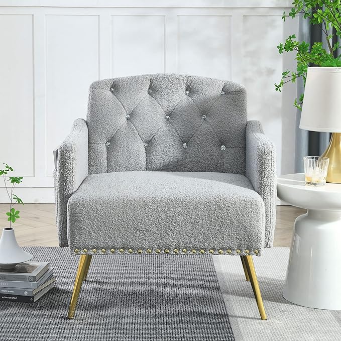 Generic 30 W Modern Chesterfield Tufted Upholstered Chair with Deep Buttons Living Room Chair Comfortable Armchair Gold Hardware Legs Tufted Chair for Reading or Relaxing Grey Teddy