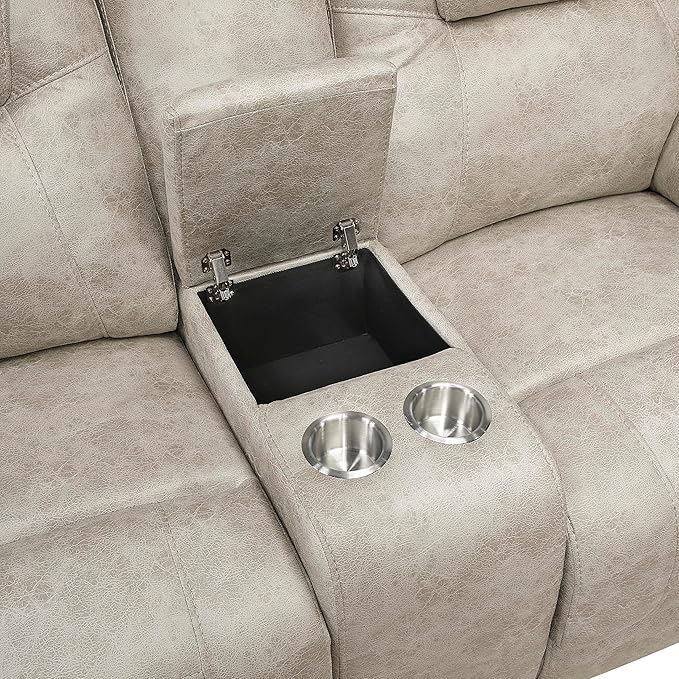 Lexicon Manual Double Reclining Loveseat Polished Microfiber Manual Wall Hugger Loveseat Recliner for Living Room Center Storage Console/Cup Holders/Pillow Top Arm Easy Assembly Pewter