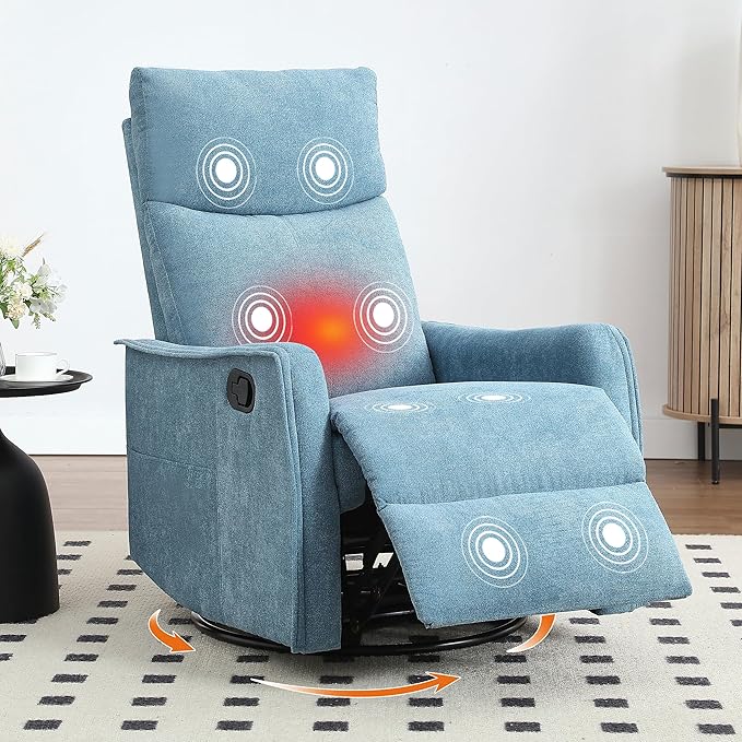 Manual 360° Swivel Rocker Recliner Chair for Adults Overstuffed Glider Chair for Nursery with Vibration Massage and Heat Comfy Soft Fabric Glider with Side Pockets for Living Room Blue