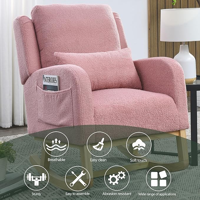 Nursery Rocking Chair Glider Chair with Side Pockets and Pillow Upholstered Side Chair with Rubber Wood Legs Comfy Accent Arm Chair for Bedroom Living Room (Pink Teddy)
