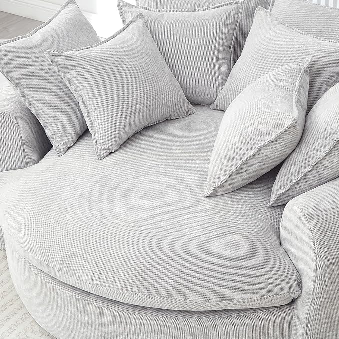 Merax 59.8 Full-Compressed Round Chaise Sofa Boneless Loaf Style Chenille Upholstered Sofa Bed with 8 Throw Pillows for Living Room Light Grey