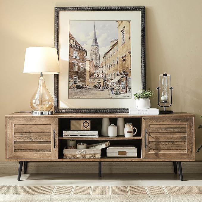 EDYO LIVING 65 Mid Century Modern TV Stand Wood TV Stand with Storage Cabinet and Open Shelf for Televisions up to 65 Entertainment Center TV Console Table for Living Room Rustic Oak