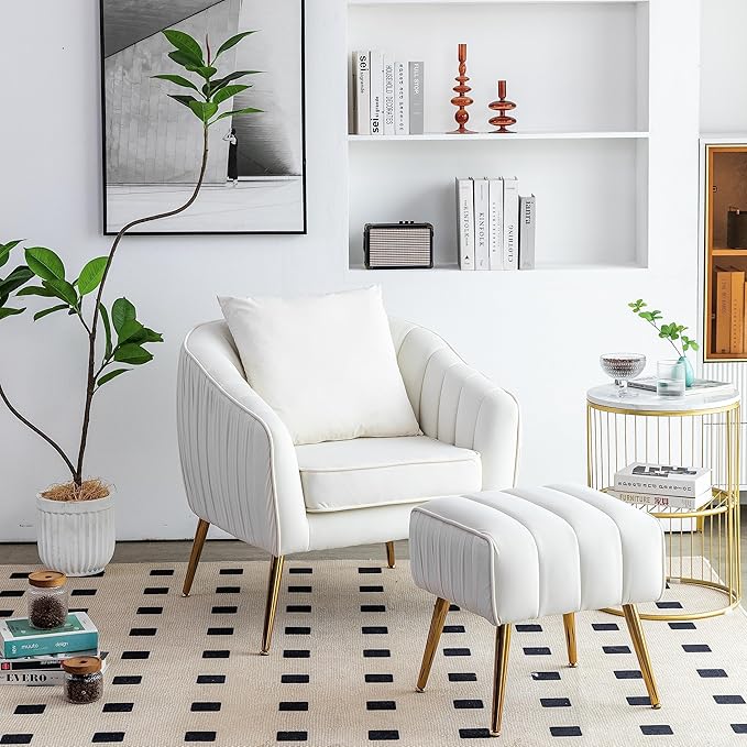 Velvet Accent Chair with Ottoman Modern Tufted Barrel Chair Ottoman Set for Living Room Bedroom Golden Finished Beige