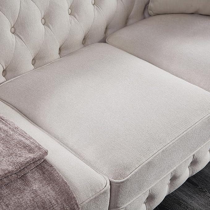 ERYE 88-Inch Classic 3 Seat Chesterfield Sofa Couches for Living Room Bedroom Classic Button Tufted Linen Fabric Upholstered Chesterfield Sofa CouchWood Legs