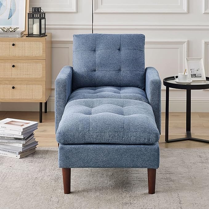 Generic Modern Fabric Single Sofa Chair Living Room Chair Comfortable Armchair with Solid Wood Legs Tufted Chair for Reading or Lounging Blue