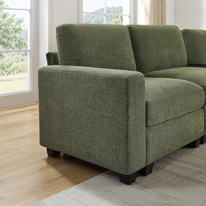 VANOMi 118 Convertible Sectional Sofa with Storage Ottoman Comfy 3 Seater Chenille Fabric Couch with Charging Ports &amp Cup Holders Modern L Shaped Couches for Living Room Apartment (Green)