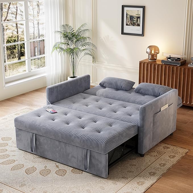 Sofa Bed Loveseat 3-in-1 Sleeper Sofa with Pull Out Bed Pockets and USB Modern 2 Seater Convertible Small Couch for Living Room Bedroom Apartment (Gray Corduroy)