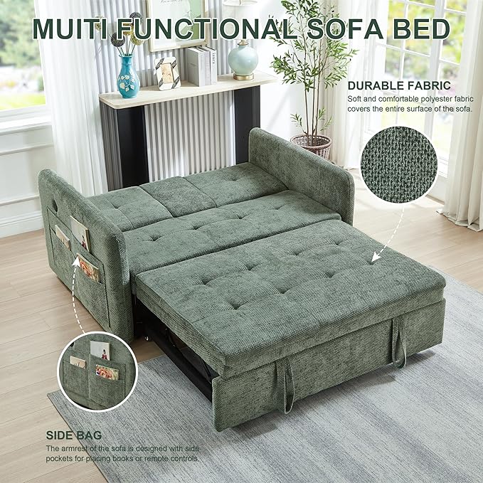 57.48 Convertible Sofa Bed with Cup Holder Pull Out Sleeper Sofa Bed with USB Charging Ports 3 in 1 Convertible Sleeper Sofa Bed for Living Room Apartment Bedroom RV Green