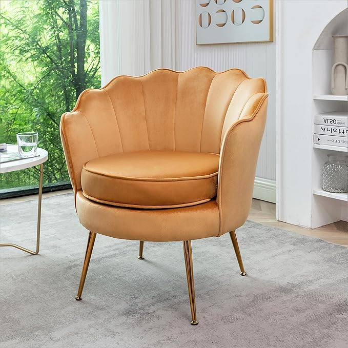 Velvet Barrel Accent Chair with Scalloped Silhouette and Gold Metal Legs Decorative Piece Suitable for Traditional Modern and Contemporary Spaces Mustard Yellow