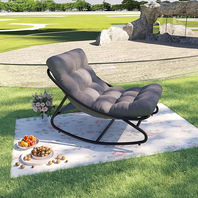 Indoor and Outdoor Rocking Chair with Thick Cushion Outdoor Deck Egg Rocker with Metal Frame Adjustable Rocking Range and Fixed Rope Waterproof Cushion Bedroom Living Room Porch Garden Lawn