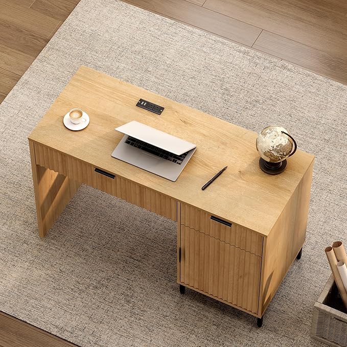 47 Executive Desk with Fluted Drawers Wooden Home Office Desk with Storage Cabinet Charging Station Metal Legs Modern Farmhouse Computer Desk for Work Study Natural Oak