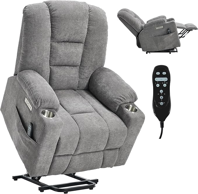 Power Lift Chair with Massage &amp Heat Electric Recliner Chairs for Adults Remote Control Sofa for Living Room Standing Assistance USB Ports Stainless Steel Cup Holders (Light Grey)