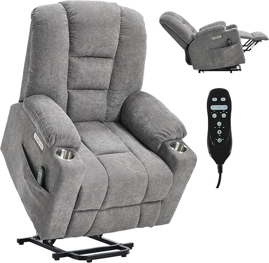 Power Lift Chair with Massage &amp Heat Electric Recliner Chairs for Adults Remote Control Sofa for Living Room Standing Assistance USB Ports Stainless Steel Cup Holders (Light Grey)