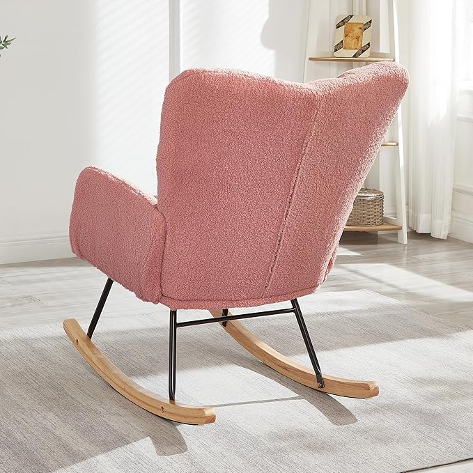 Setawix Upholstered Rocking Chair with Arms for NurseryTufted Rocker Glider ChairsTeddy Fabric Rocking ArmchairMid Century Modern Accent Chairs for Living RoomBedroom (Teddy Pink 27.2)