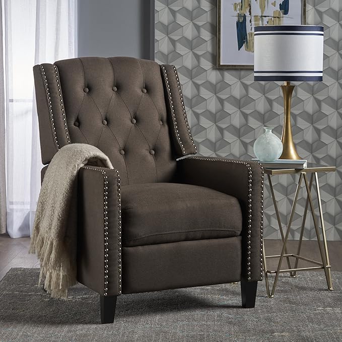 Pushback Recliner Comfortable Wingback Sofa Chair with Adjustable Backrest Tufted Fabric Upholstered Armchair Retro Rivets Decorated Recliner for Living Room Bedroom Office Home Theater Coffee