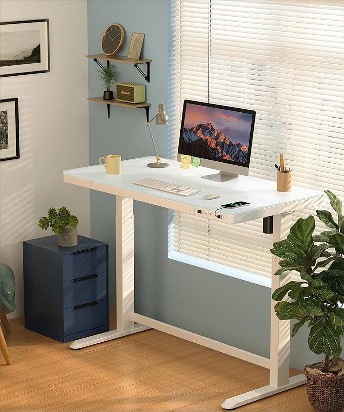 SANODESK Standing Desk with Drawer Electric Height Adjustable Home Office Desk with Storage &amp USB Ports 48 inch Tempered Glass Tabletop/White Frame