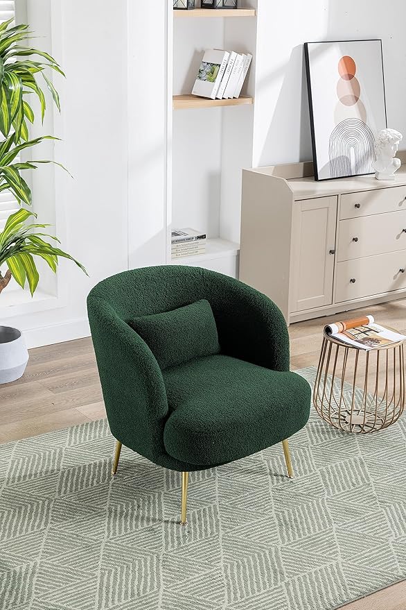 30.32 W Accent Chair Upholstered Curved Backrest Reading Chair Single Sofa Leisure Club Chair with Golden Adjustable Legs for Living Room Bedroom Dorm Room (Green Boucle)