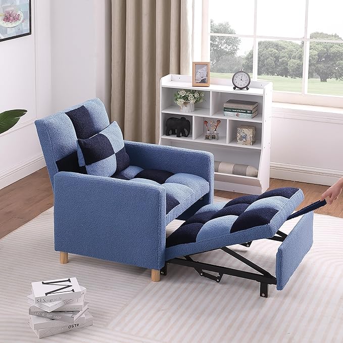 3-in-1 Convertible Chair Bed Single Sofa Bed Pull Out Sleeper with Adjustable Backrest Lounger for Living Room (Blue)