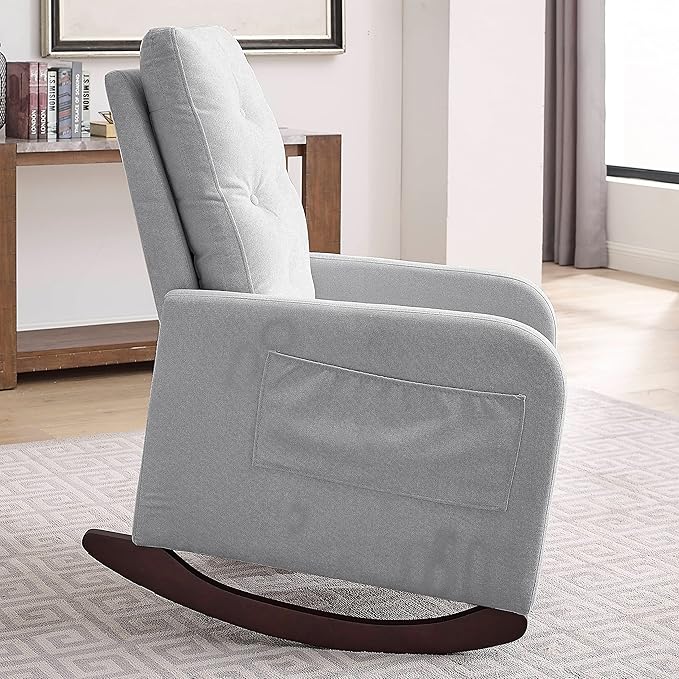 25.6 W Modern Accent High Backrest Living Room Lounge Arm Rocking Chair Two Side Pocket