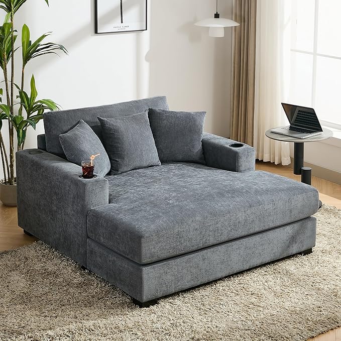 Oversized Chenille Fabric Chaise Lounge Chair Indoor 55 Oversized Chaise Lounger Modern Style Sofa Couch With Pillows Charge Station &amp Cup Holders For Living Room Office (Blue Gray 55)