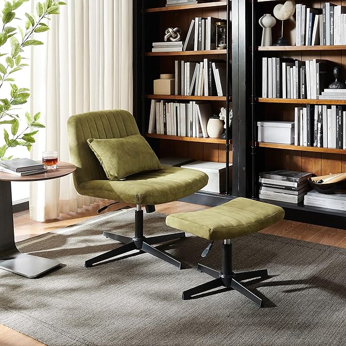 Art Leon Criss Cross Chair - with Ottoman and Pillow Armless Office Desk Chair No Wheels Modern Swivel Height Adjustable Mid Back Wide Seat Computer Task Vanity Chair for Home Office Green