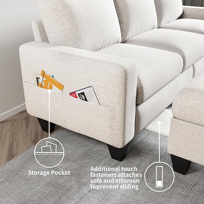Convertible Sectional Sofa L-Shaped Couch Beige Couches for Living Room with Reversible Chaise 3-Seat Modern Linen Sectional Couches for Living Room/Apartment/Office/Small Space