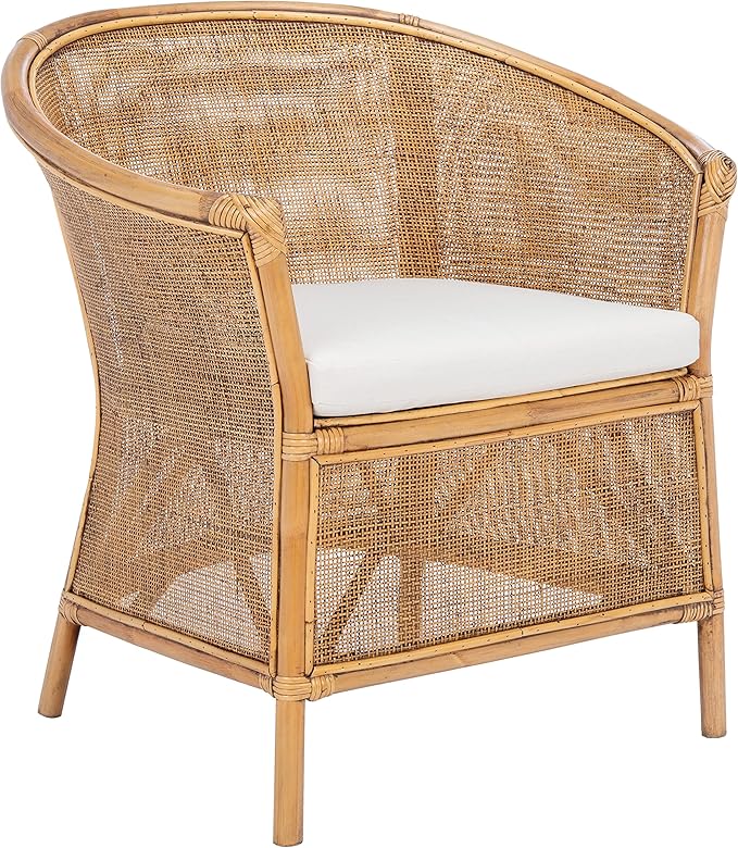 SAFAVIEH Home Collection Jessica Honey Brown Wash Rattan Accent Chair with White Cushion