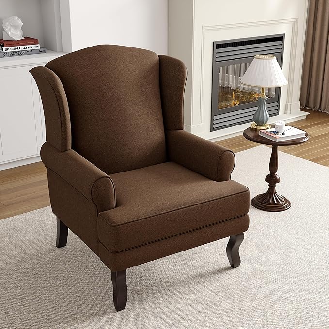 High Back Accent Chairs Set of 2 Upholstered Fabric Armchair for Living Room Mid Century Modern Club Accent Chair with Curved Armrests and Solid Legs Single Sofa Reading Chair for Bedroom Brown