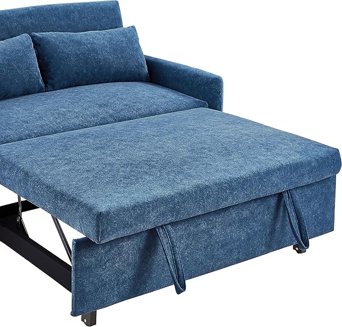 55.1 Pull Out Sofa Bed 2 Seater Loveseats Sofa Couch with Adjustable Backrest Storage Pockets 2 Soft Pillows Convertible Sleeper Sofa Bed for Living Room Bedroom Apartment Office (Blue 091)