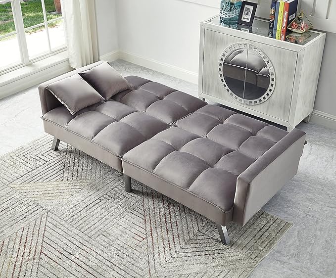 Legend Vansen 80'' Velvet Love seat Convertible Futon Two Pillows Sleeper Couch with 3 Adjustable Backrests Sofa Bed Large Sleeping Area Sofabed Grey
