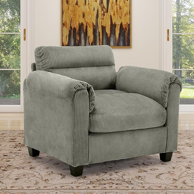 Corduroy Sofa Set Upholstered Armchair with Plush Cushions and Rolled Arms Modern Living Room Furniture SetsGreen