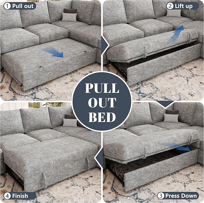 108 Inch Modular Sectional Sofa with Pull Out BedU Shaped 7 Seat Sectional Sleeper Sofa with StorageSectional Couches for Living RoomCloud Modular CouchRemovable Sofa CoverLight Gray