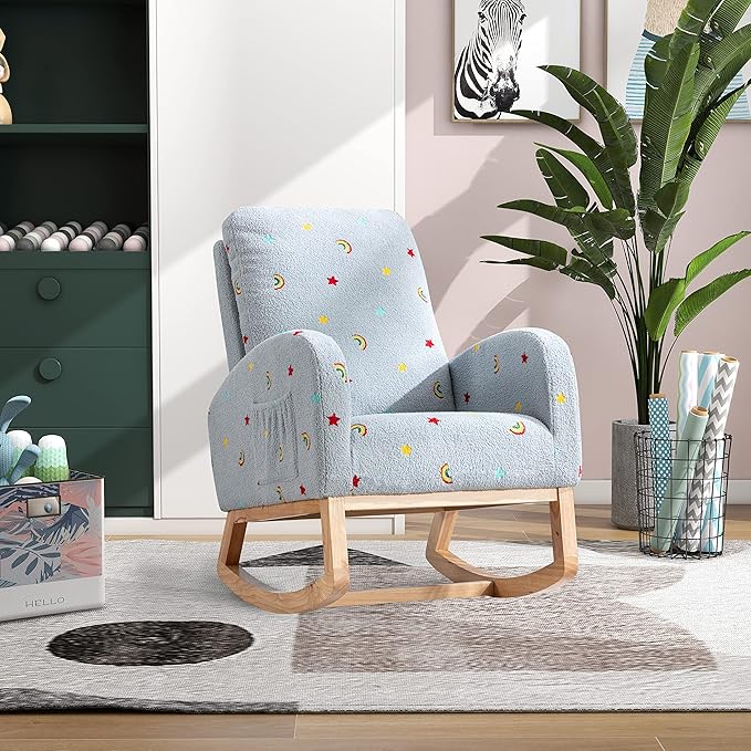 Nursery Chair 26.8 W Modern Rocking Chair for Nursery Mid Century Accent Rocker Armchair with Side Pocket Upholstered High Back Wooden Rocking Chair (Blue Boucle)