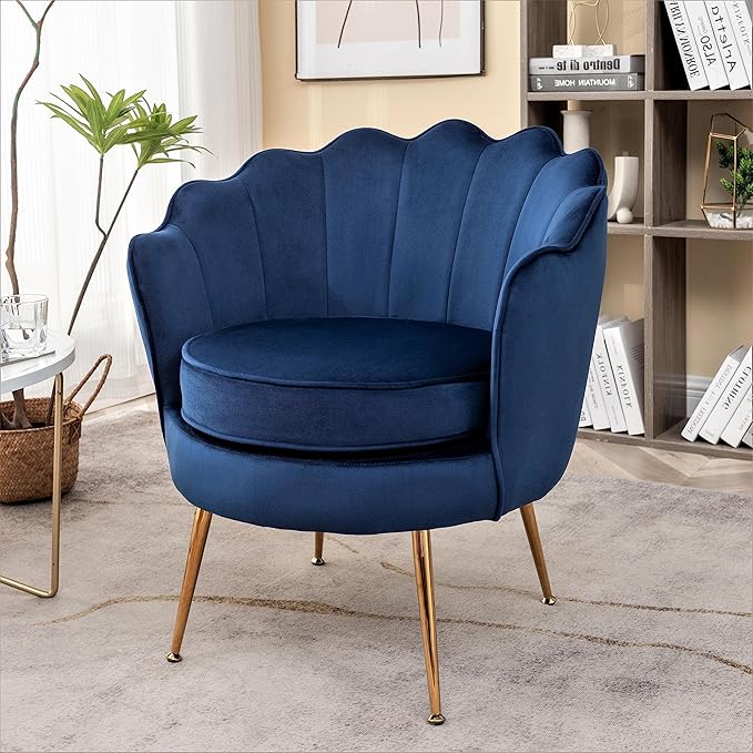 Velvet Barrel Accent Chair with Scalloped Silhouette and Gold Metal Legs Decorative Piece Suitable for Traditional Modern and Contemporary Spaces Navy Blue